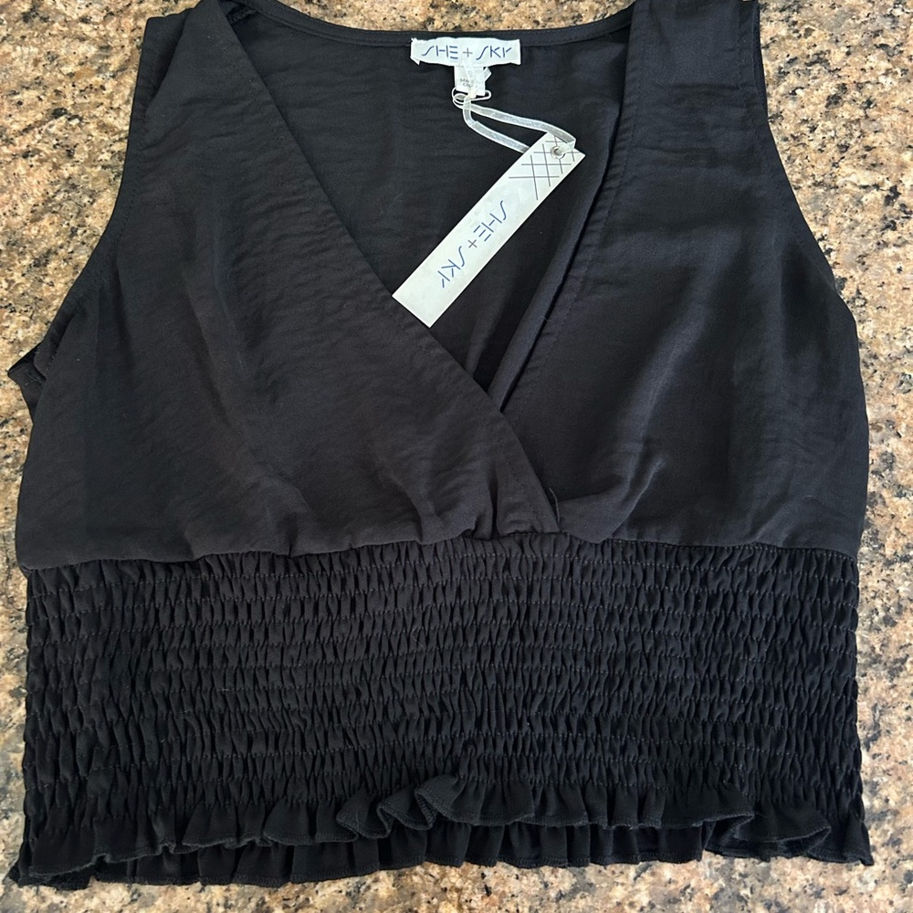 Black V-Neck Smocked Hem Top